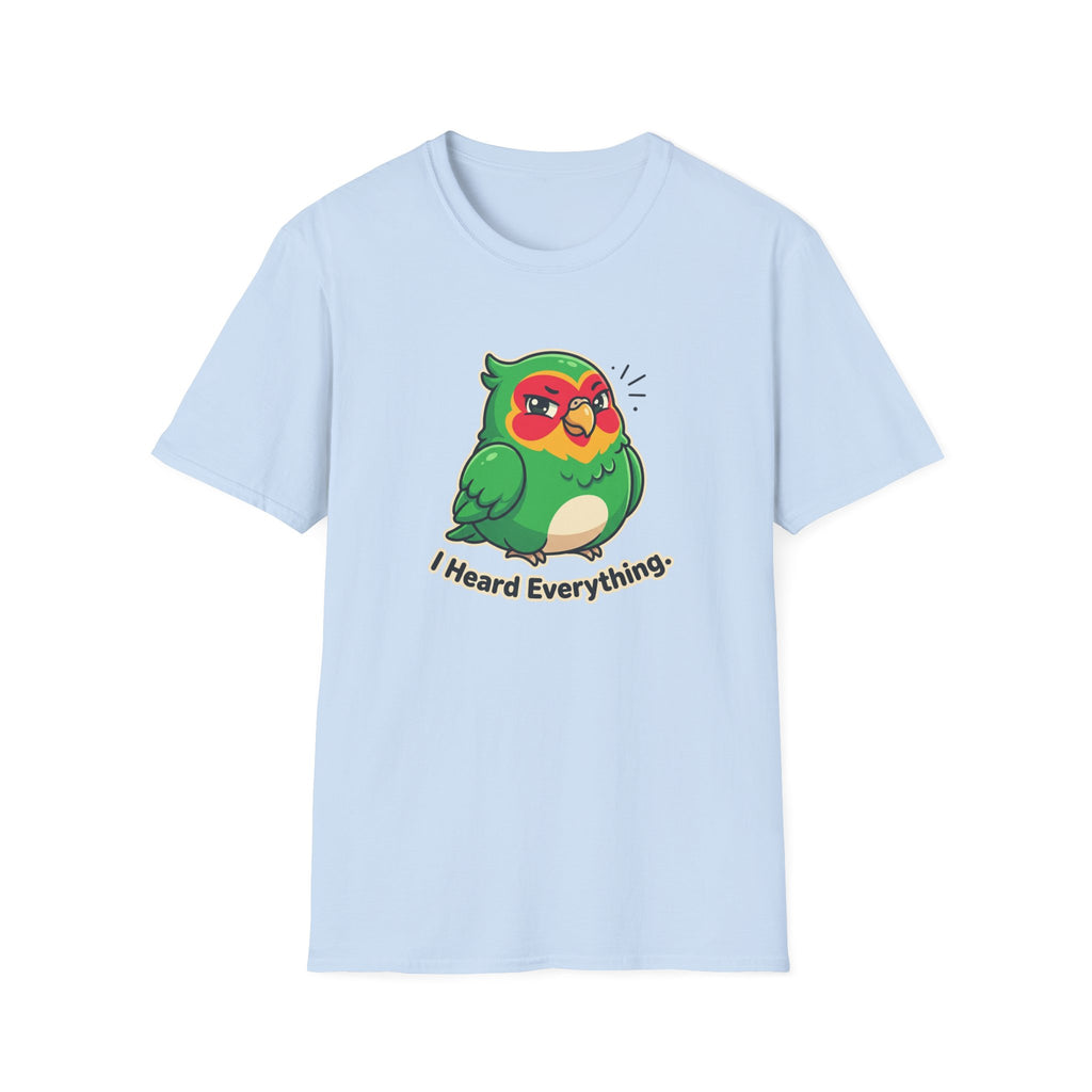 Parrot Graphic T-Shirt — Cute Green Bird “I Heard Everything” Tee