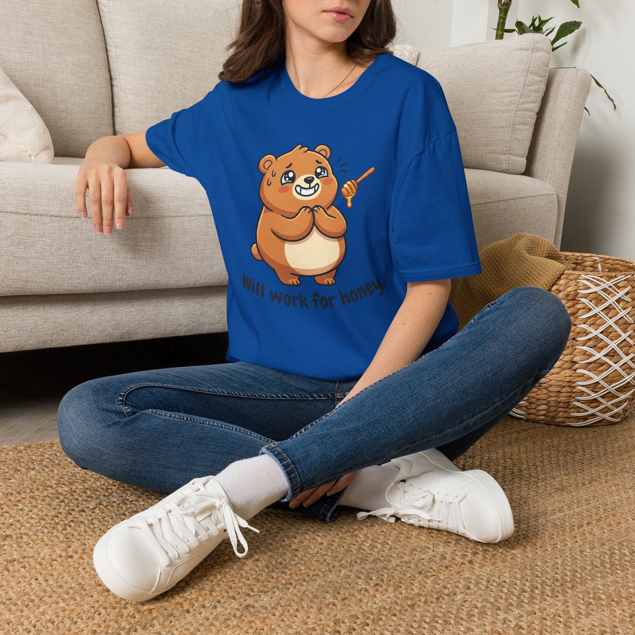 Bear Illustration T-Shirt — "Will Work for Honey" Cute Cartoon Tee for Animal Lovers