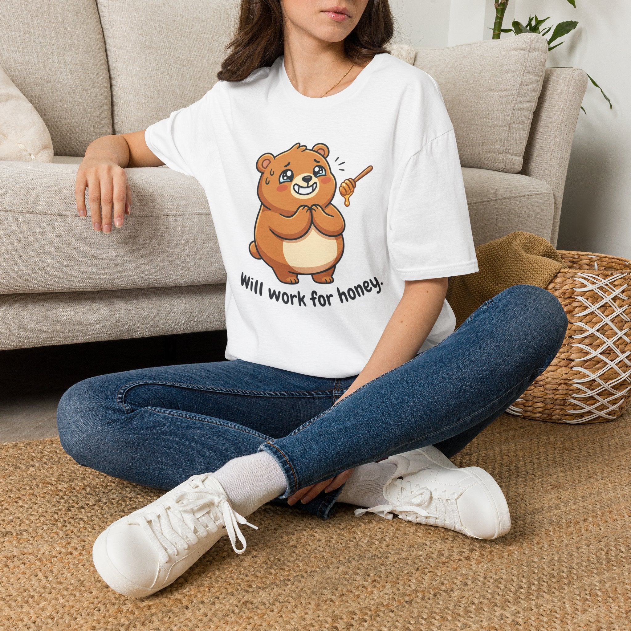 Bear Illustration T-Shirt — "Will Work for Honey" Cute Cartoon Tee for Animal Lovers