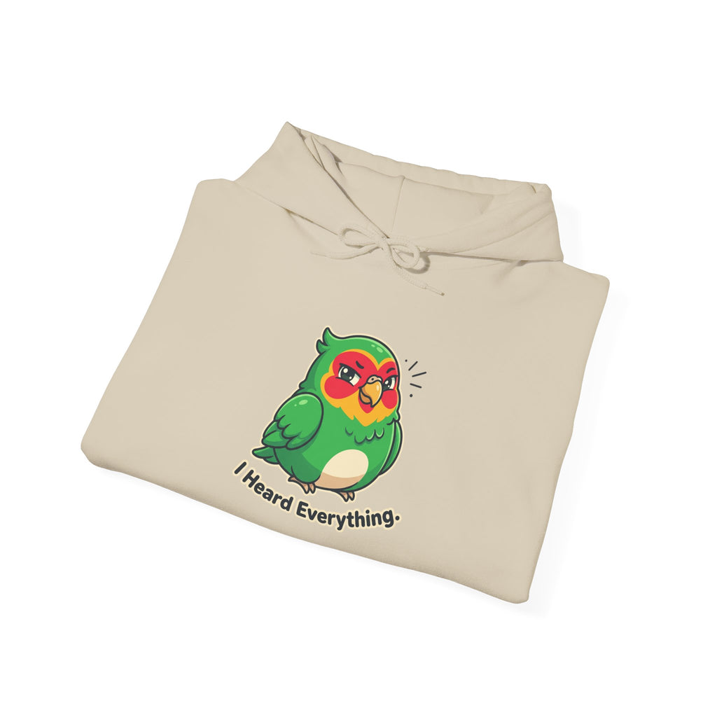 Parrot 'I Heard Everything' Hoodie – Cute Green Bird Graphic Sweatshirt