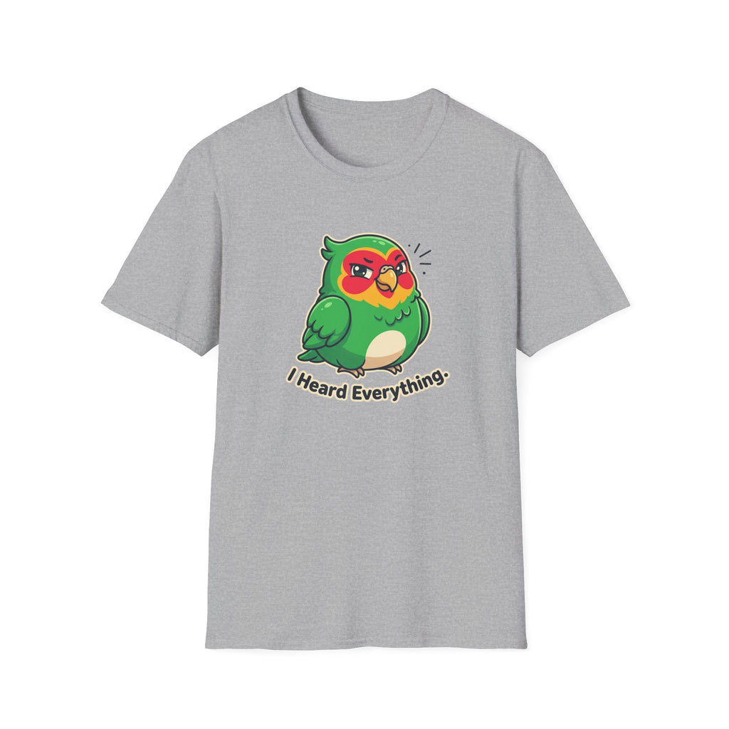 Parrot Graphic T-Shirt — Cute Green Bird “I Heard Everything” Tee