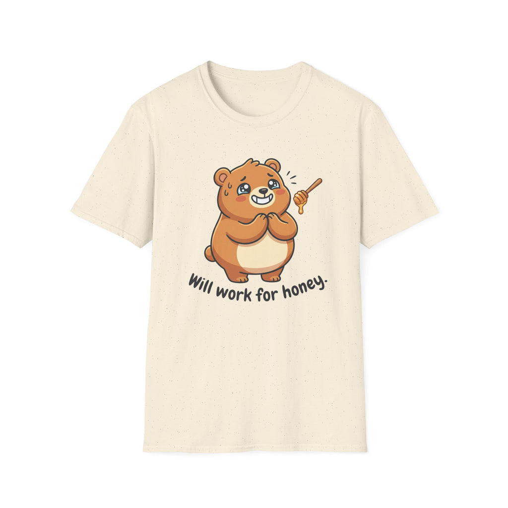 Bear Illustration T-Shirt — "Will Work for Honey" Cute Cartoon Tee for Animal Lovers
