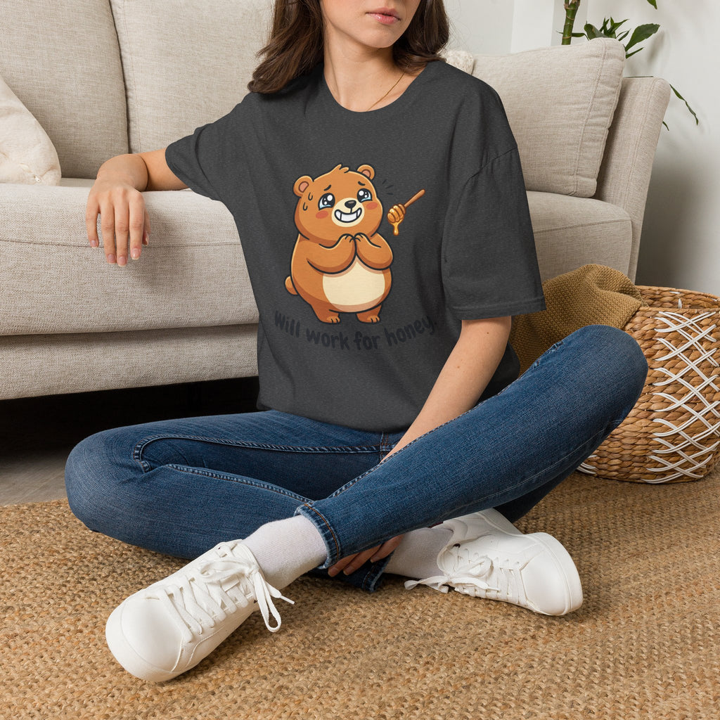 Bear Illustration T-Shirt — "Will Work for Honey" Cute Cartoon Tee for Animal Lovers