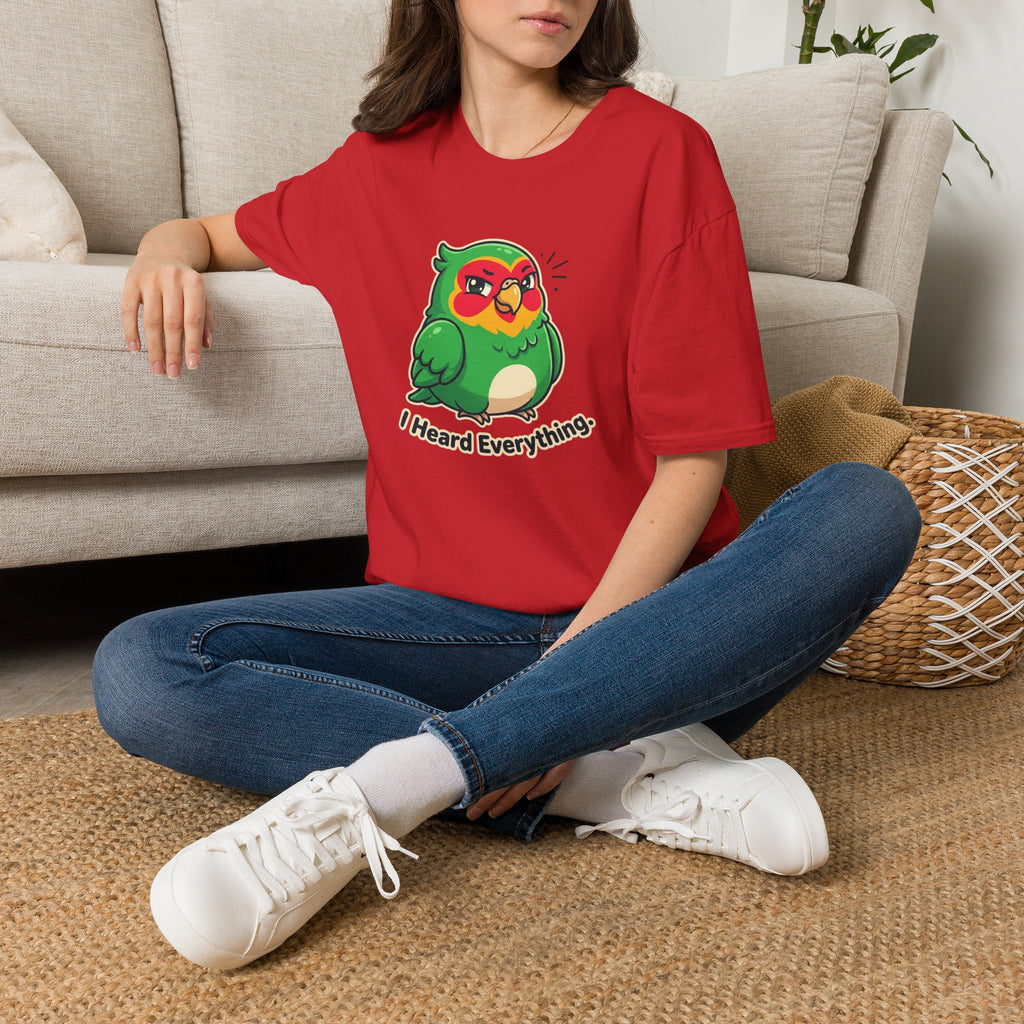 Parrot Graphic T-Shirt — Cute Green Bird “I Heard Everything” Tee