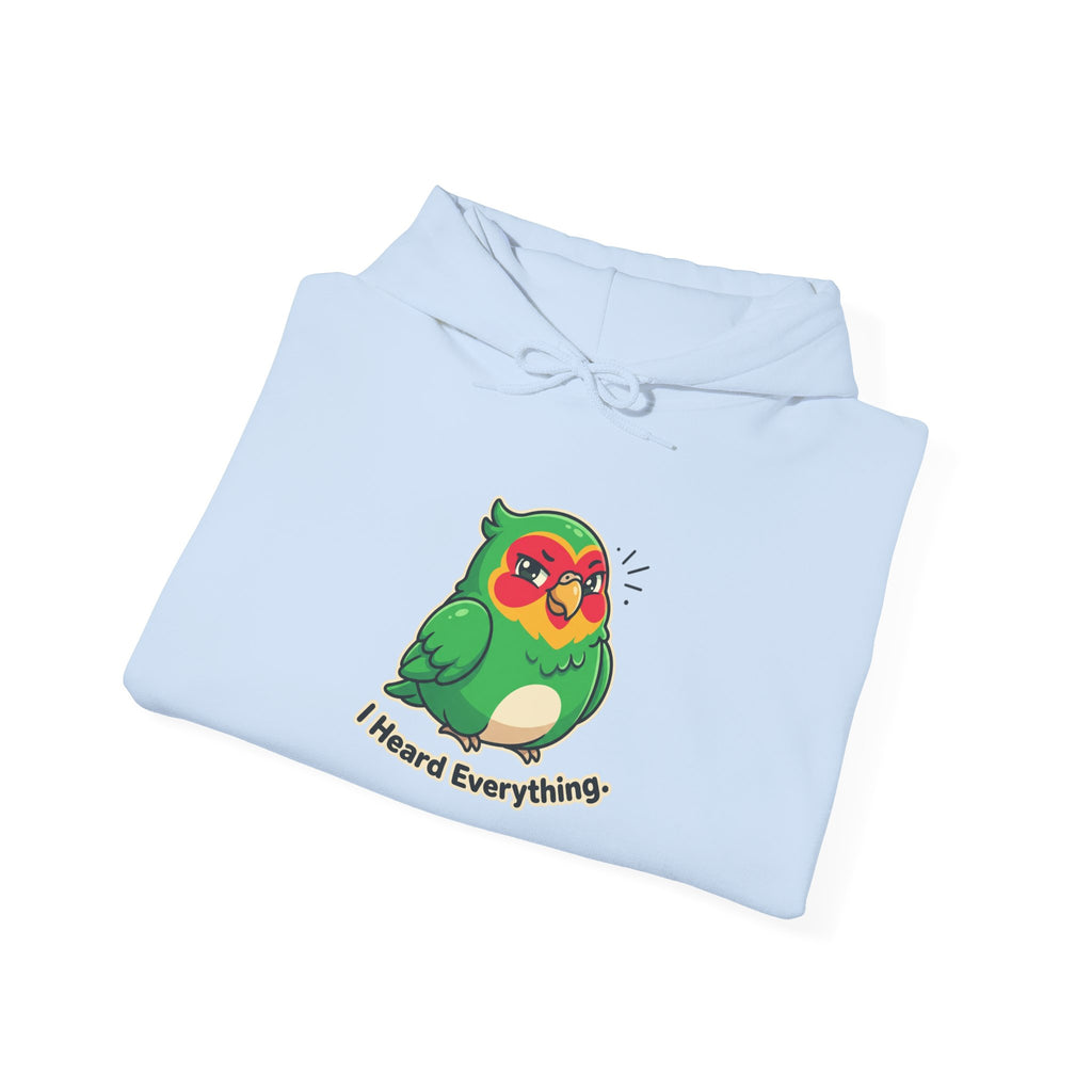 Parrot 'I Heard Everything' Hoodie – Cute Green Bird Graphic Sweatshirt