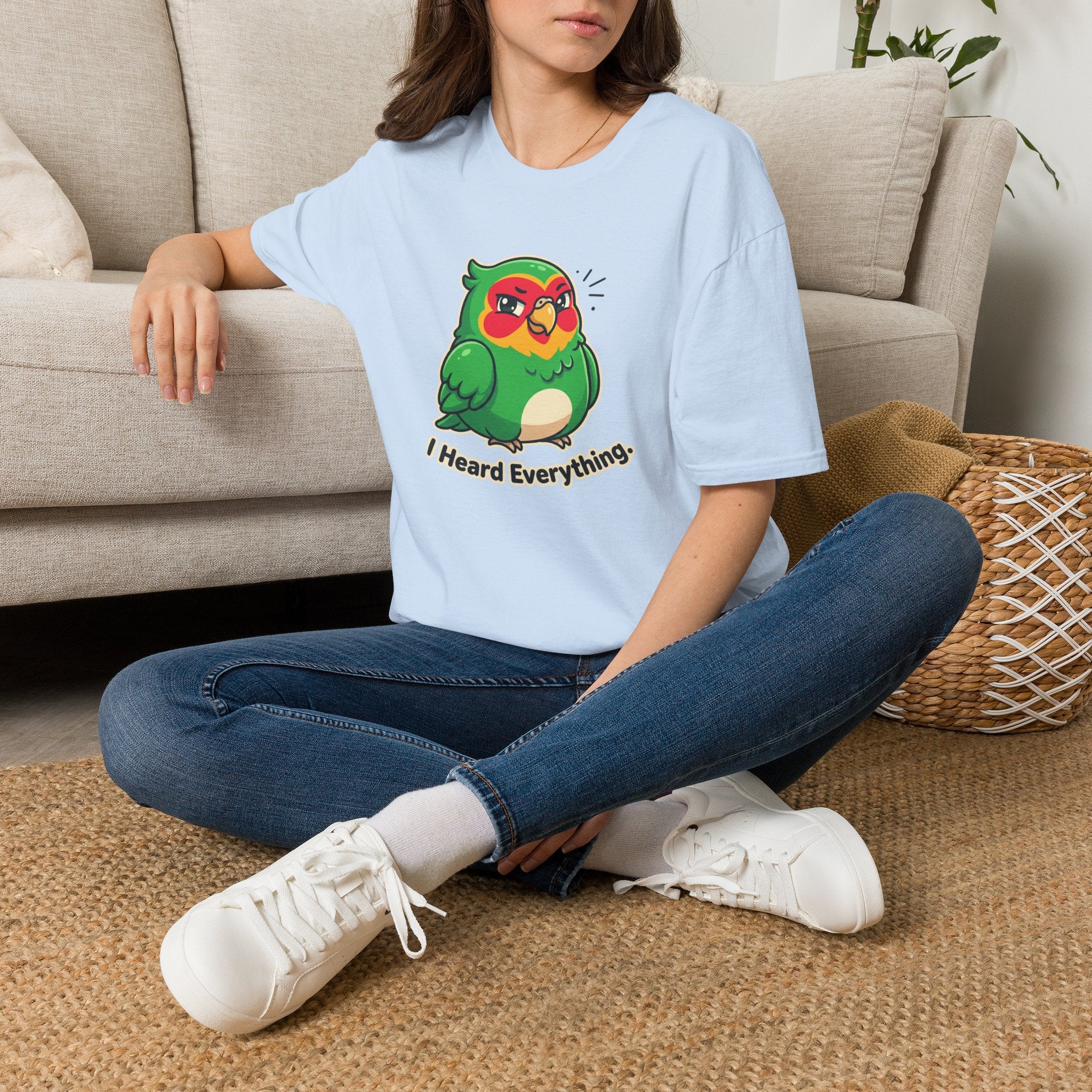 Parrot Graphic T-Shirt — Cute Green Bird “I Heard Everything” Tee