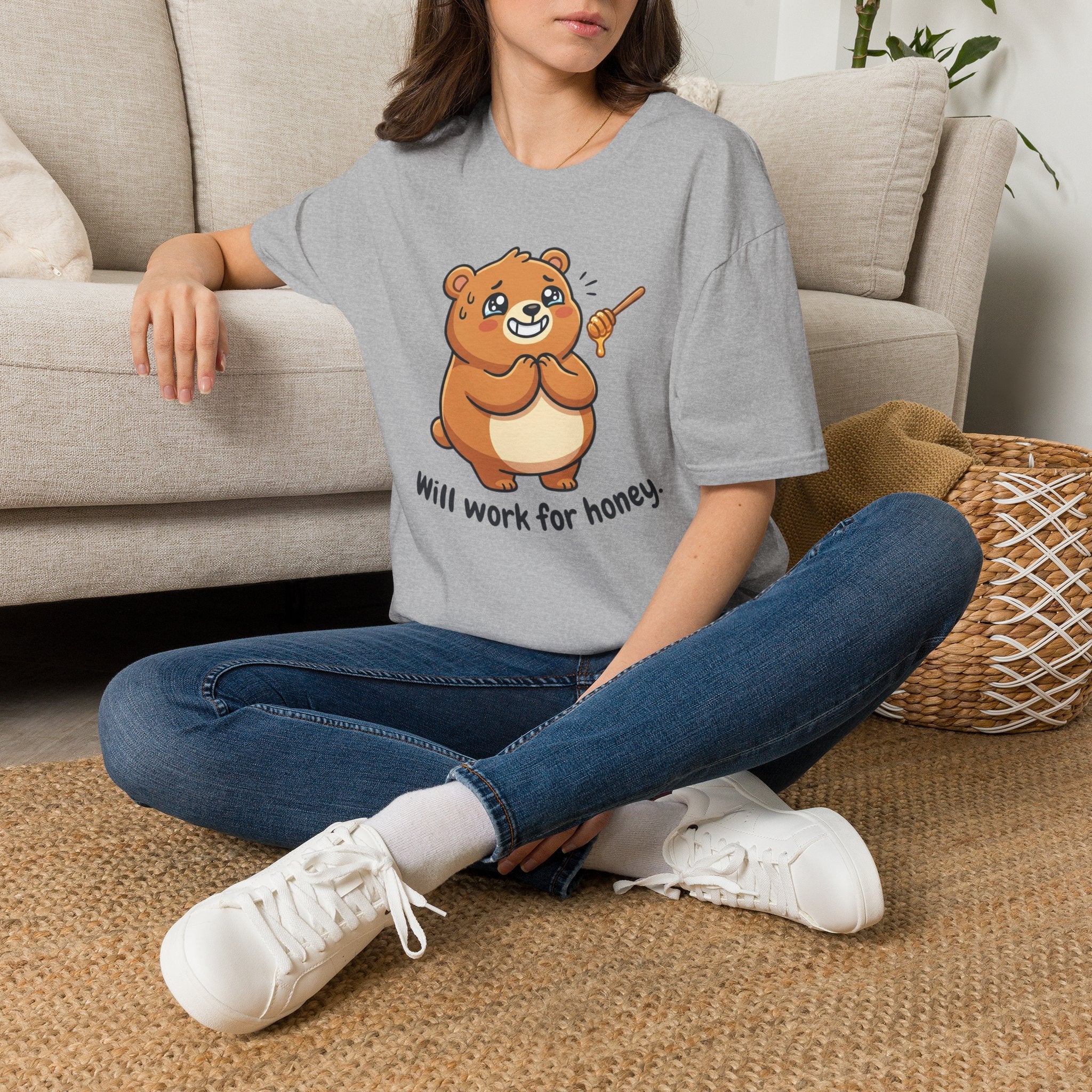 Bear Illustration T-Shirt — "Will Work for Honey" Cute Cartoon Tee for Animal Lovers