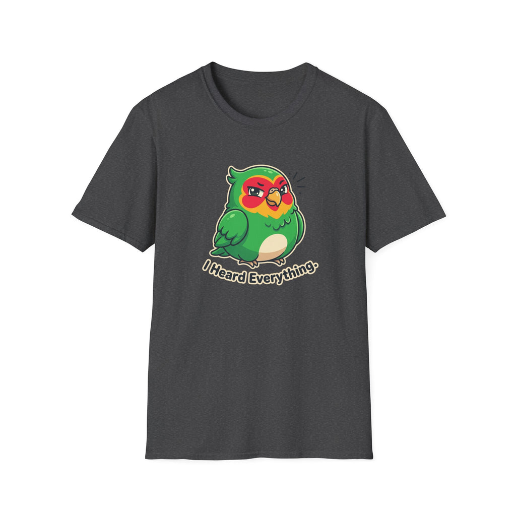 Parrot Graphic T-Shirt — Cute Green Bird “I Heard Everything” Tee
