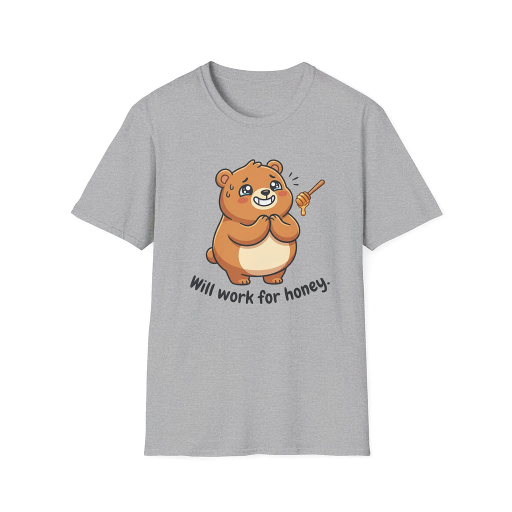 Bear Illustration T-Shirt — "Will Work for Honey" Cute Cartoon Tee for Animal Lovers