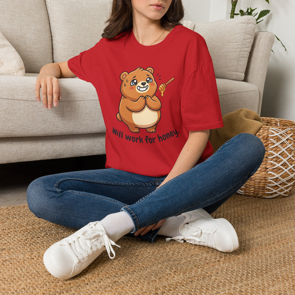 Bear Illustration T-Shirt — "Will Work for Honey" Cute Cartoon Tee for Animal Lovers