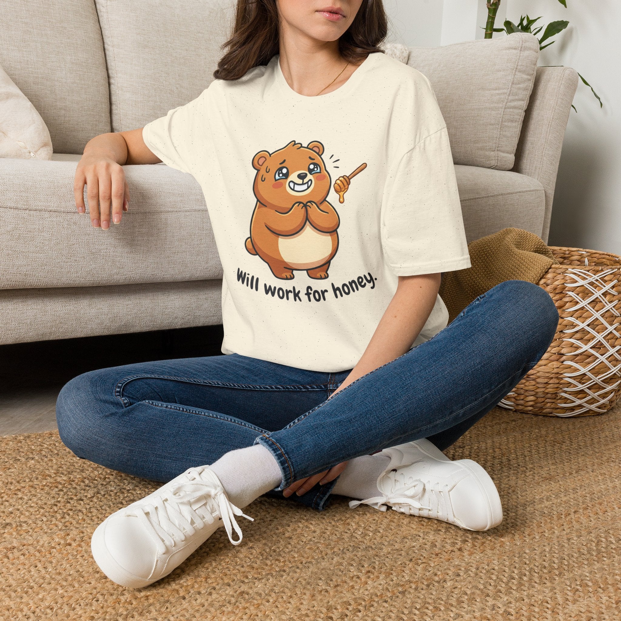 Bear Illustration T-Shirt — "Will Work for Honey" Cute Cartoon Tee for Animal Lovers