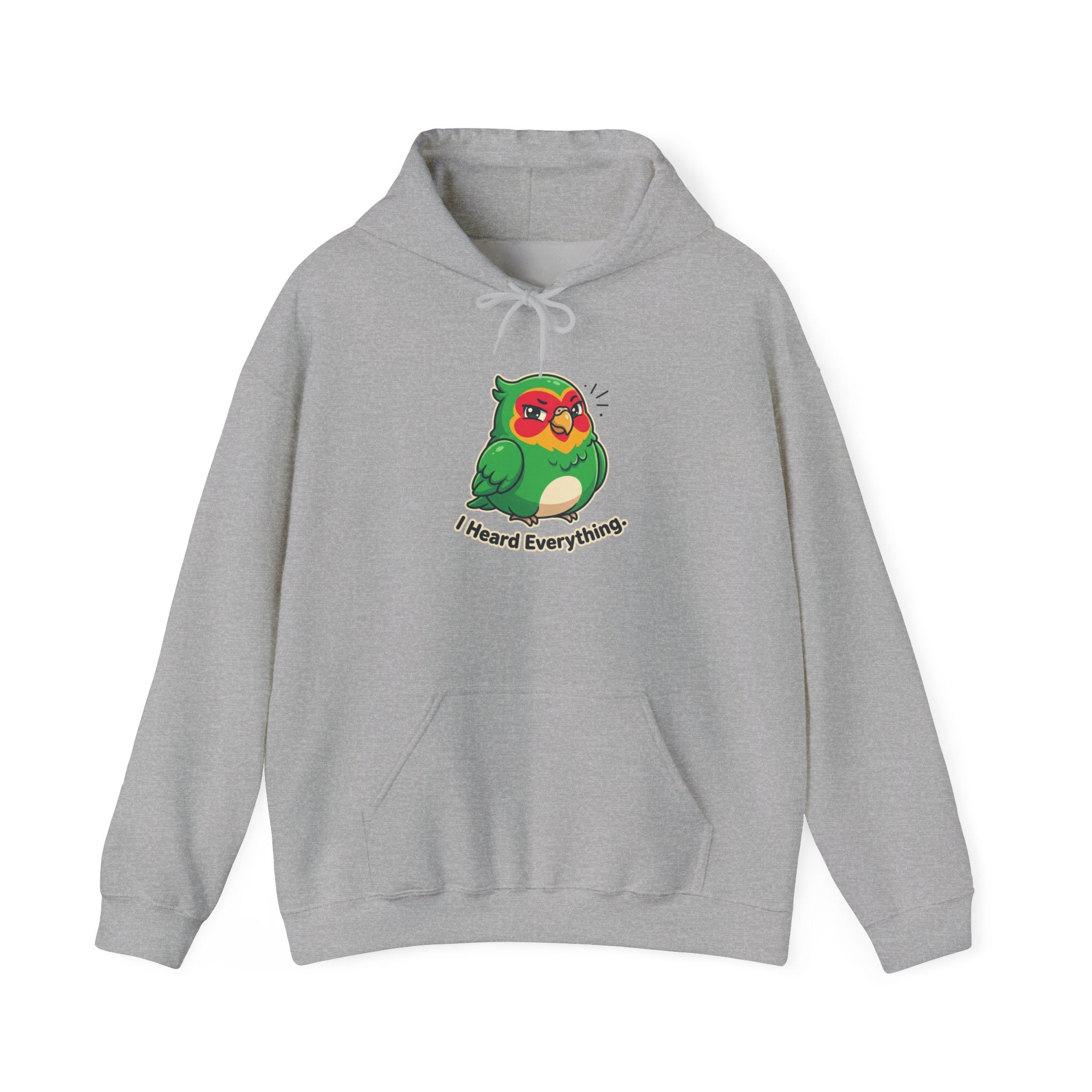 Parrot 'I Heard Everything' Hoodie – Cute Green Bird Graphic Sweatshirt