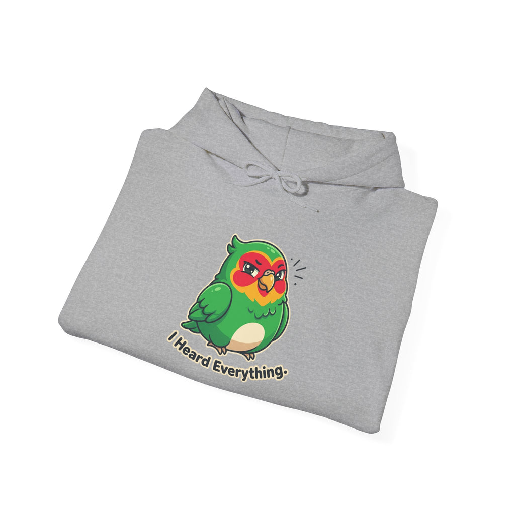 Parrot 'I Heard Everything' Hoodie – Cute Green Bird Graphic Sweatshirt