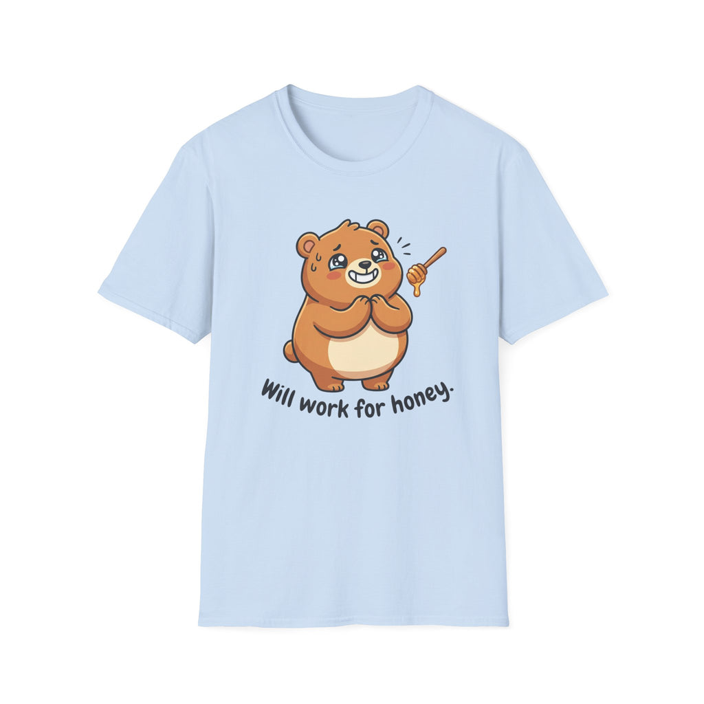 Bear Illustration T-Shirt — "Will Work for Honey" Cute Cartoon Tee for Animal Lovers