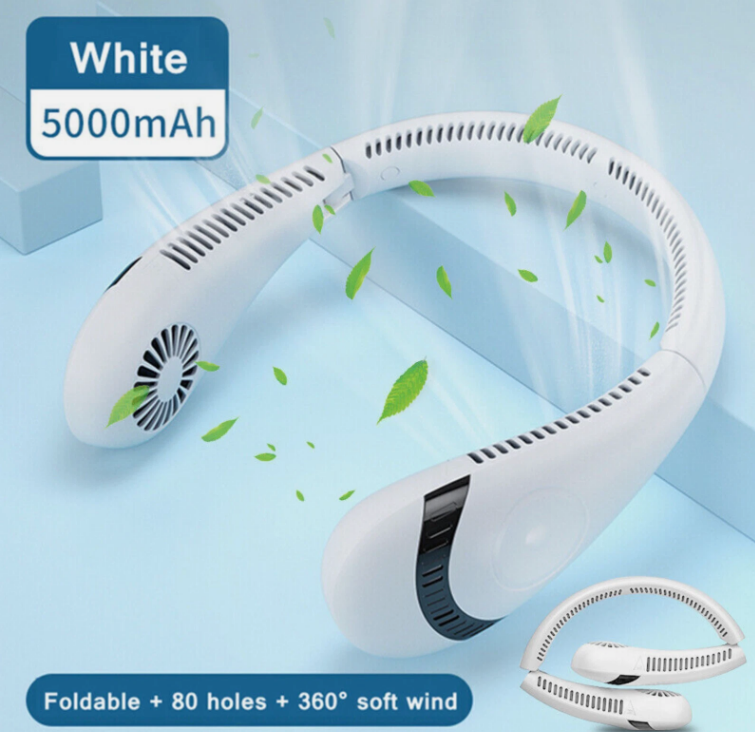 White neck fan cooling device with a curved design, shown on a light blue background with floating green leaves and text overlays indicating 5000mAh and foldable features.