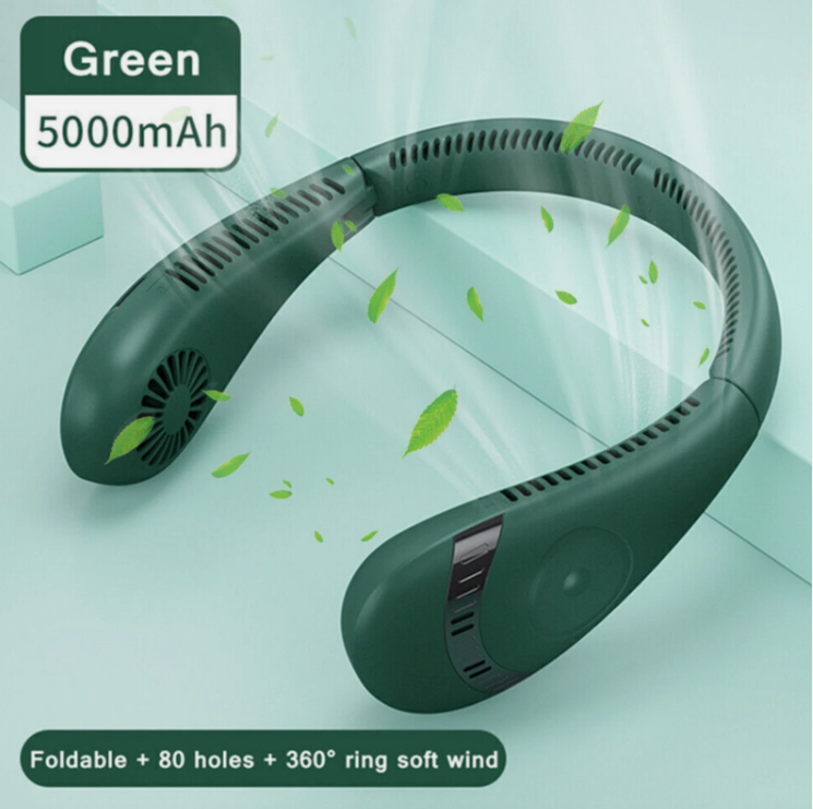 A dark green foldable neck fan with 5000mAh battery capacity, shown on a light mint green background with floating green leaves and text overlays describing its features.