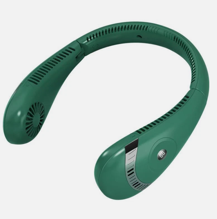 A green neck fan cooling pad shown on a light gray background. The device has a curved, U-shaped design with ventilation grilles on the inner band and outer ends, a power button, and a silver accent strip.
