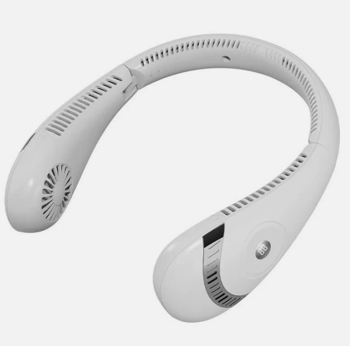 A white neck fan with a curved design, featuring ventilation slots on the neckband and on the side of each ear cup, with a small power button on one end.