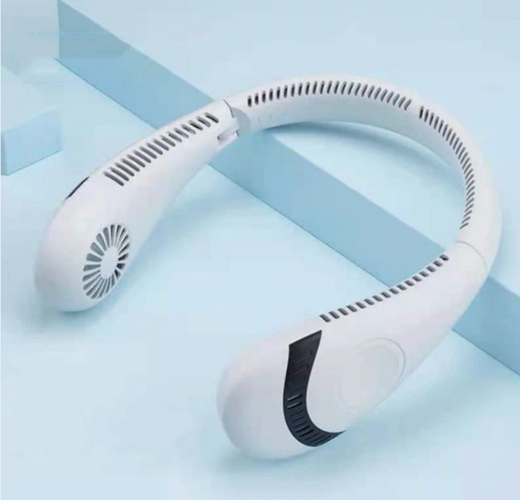 A white neck fan with a curved design, featuring ventilation slots and a circular fan on each end, displayed on a light blue geometric background.