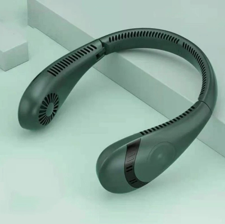 A dark green neck fan cooling device with a curved design, featuring ventilation slots on the neckband and a circular fan visible on one end, set against a minimalist light green 
background.