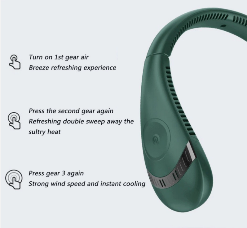 A dark green neck fan shown on a light gray background with three lines of text and icons explaining the different fan speeds and cooling effects.
