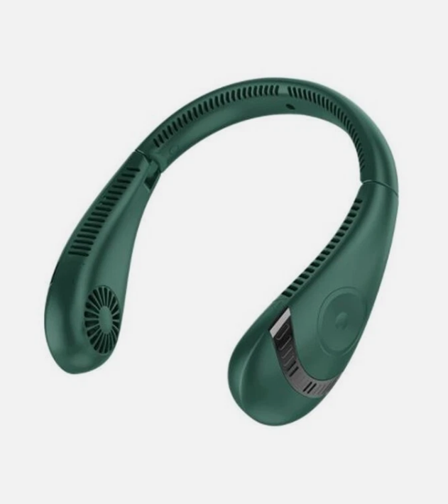 A dark green neckband-style portable fan with integrated ear cups and vented sides, shown on a plain light gray background.