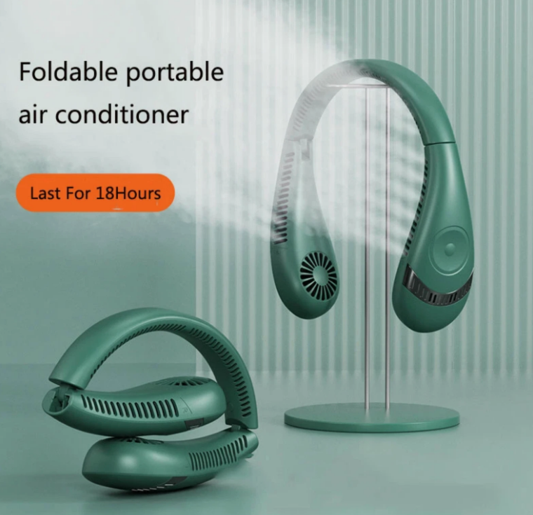 A foldable portable air conditioner fan in a muted teal-green color, shown both folded and standing upright on a clear acrylic display stand. The background is a soft, light green with vertical stripes and graphic text overlays reading 'Foldable portable air conditioner' and 'Last For 18Hours'.