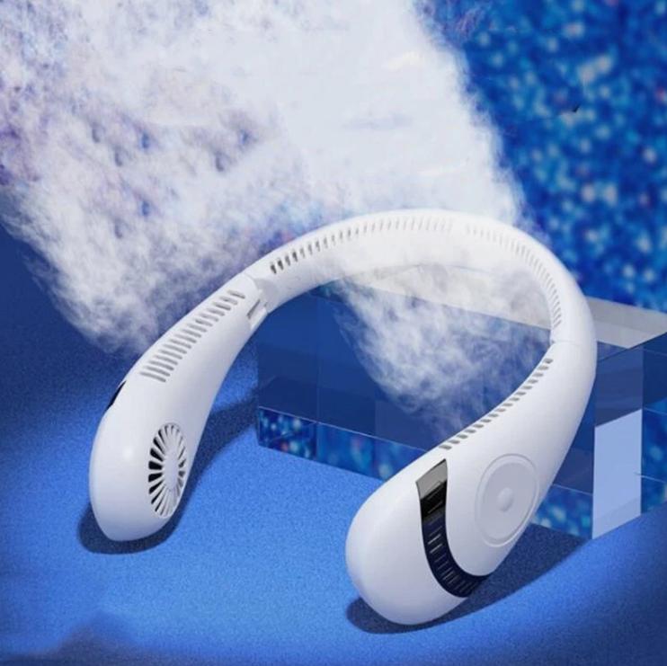 White neck fan cooling device with mist effect, shown on a blue background with a translucent stand.